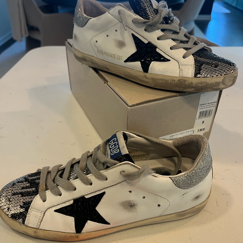 Golden Goose White and Black Sneakers with Silver sequins